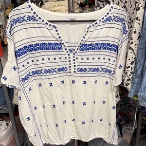 Lucky Brand White Tunic with Blue Embroidery